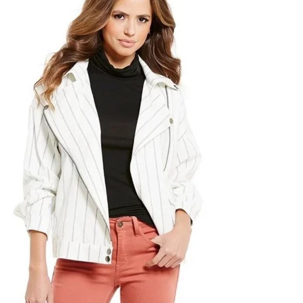 Gianni Bini Monte White Pin Stripe Asymmetrical Zip Relaxed Edgy Moto Jacket